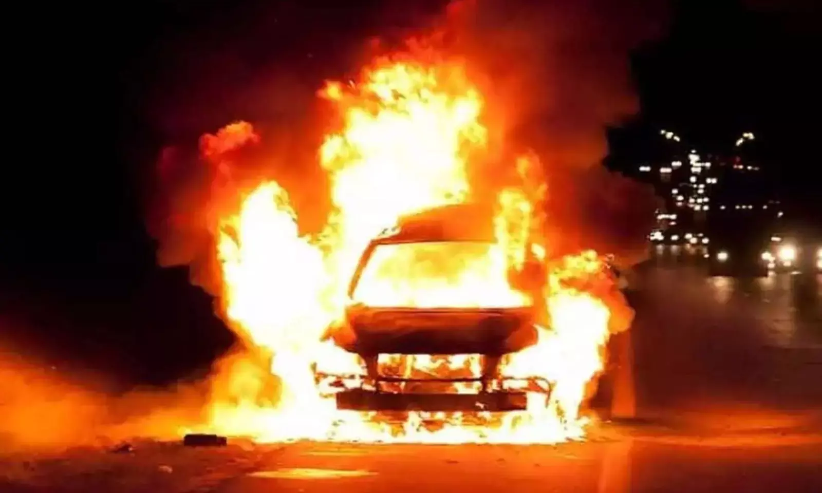 Car Catches Fire Near Hyderabad Shamshabad